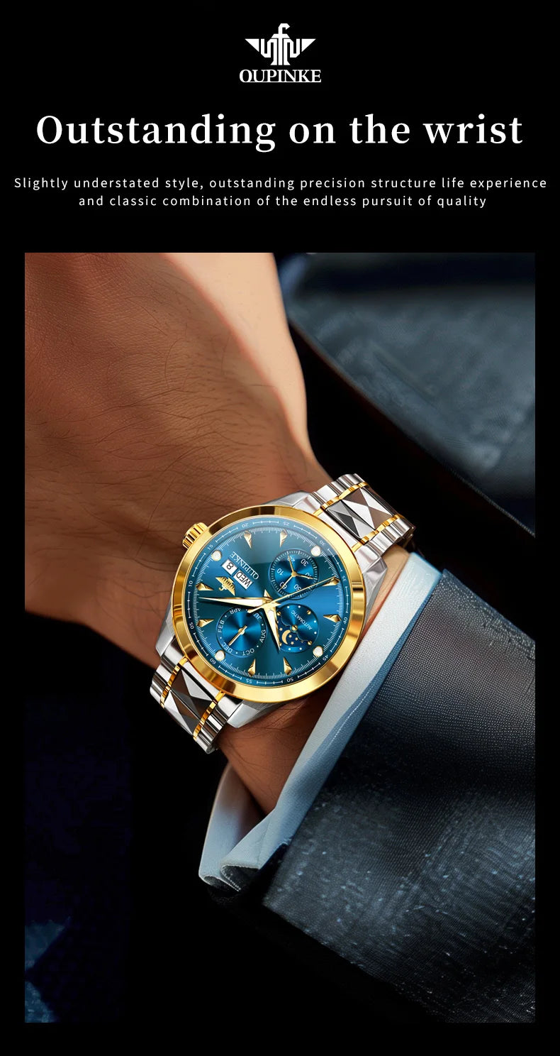 OUPINKE 3299 Automatic Man Watch Exclusive Dual Calendar Luxury Mechanical Wristwatches Moon Phase Waterproof Chronogprah Watch