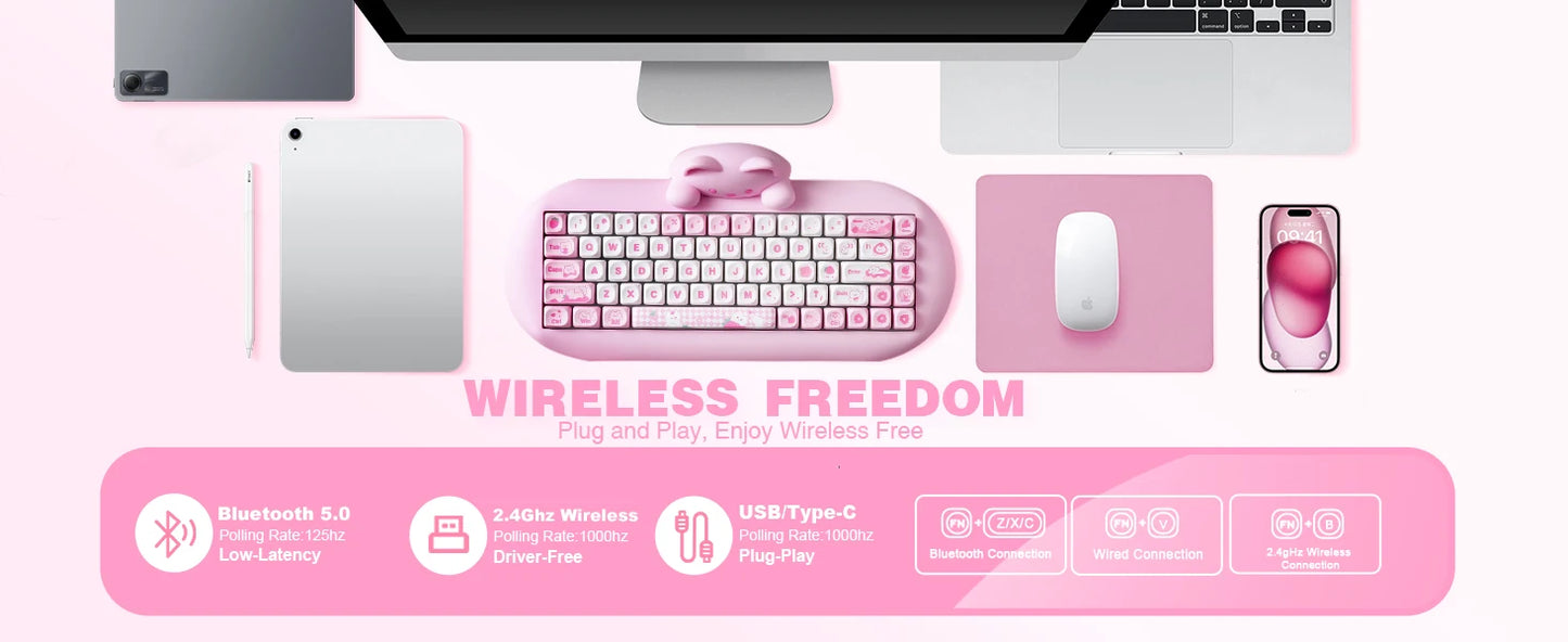 YUNZII C68 Wireless Gaming Keyboard, 65% Hot Swappable Mechanical Keyboard with RGB Backlit, Tri-Mode Bluetooth Gaming Keyboard, Cute Cat Ergonomic Keyboard