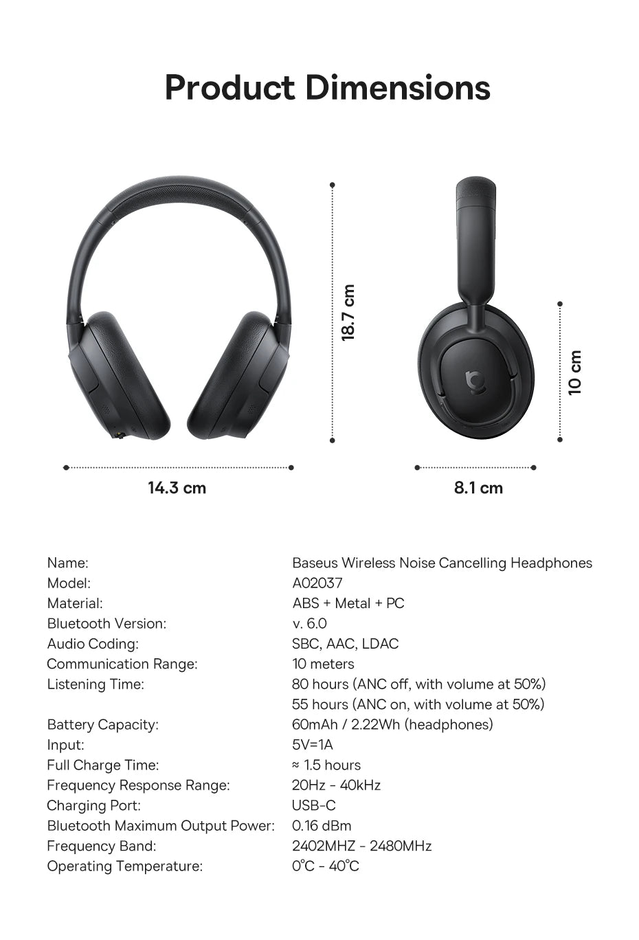 Baseus Bass EH10 NC Noise Cancelling Wireless Headphones Bluetooth 6.0 Over Ear Headset with 45dB ANC, 80H Battery, Hi-Res Audio & AI Calls