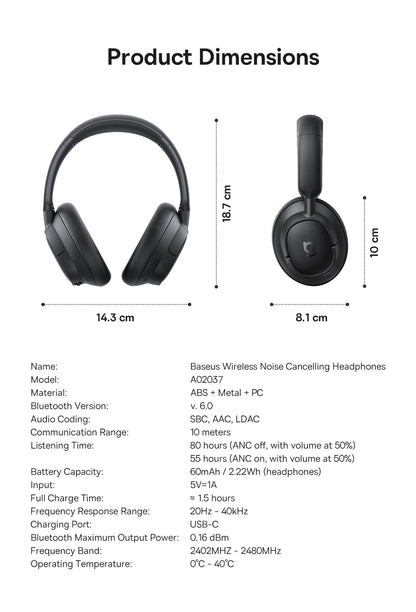 Baseus Bass EH10 NC Noise Cancelling Wireless Headphones Bluetooth 6.0 Over Ear Headset with 45dB ANC, 80H Battery, Hi-Res Audio & AI Calls