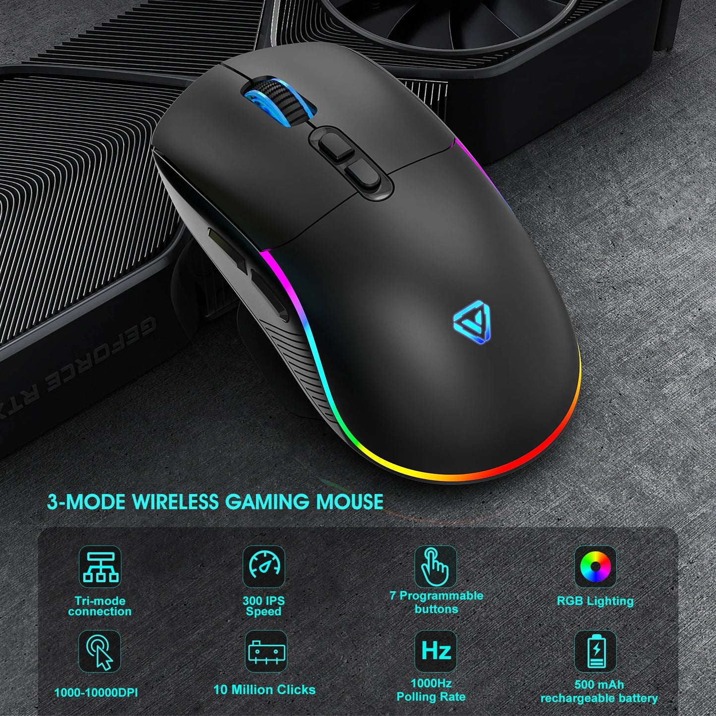 Tri-Mode Wireless Gaming Mouse with Bluetooth 2.4G & Wired Connection, 10000 DPI RGB Esports Mouse with 7 Buttons and Rechargeable Battery