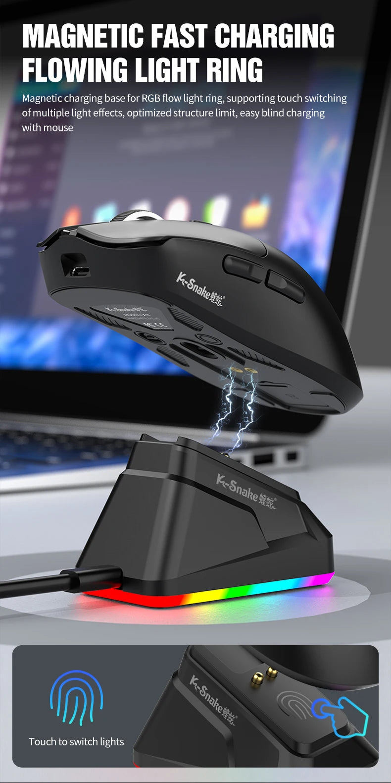 K-Snake X11 Bluetooth Wireless Gaming Mouse, Tri-Mode RGB Rechargeable Mouse with PAW3311 Sensor, 12000 DPI Magnetic Charging Gaming Mouse for PC, Laptop & Office