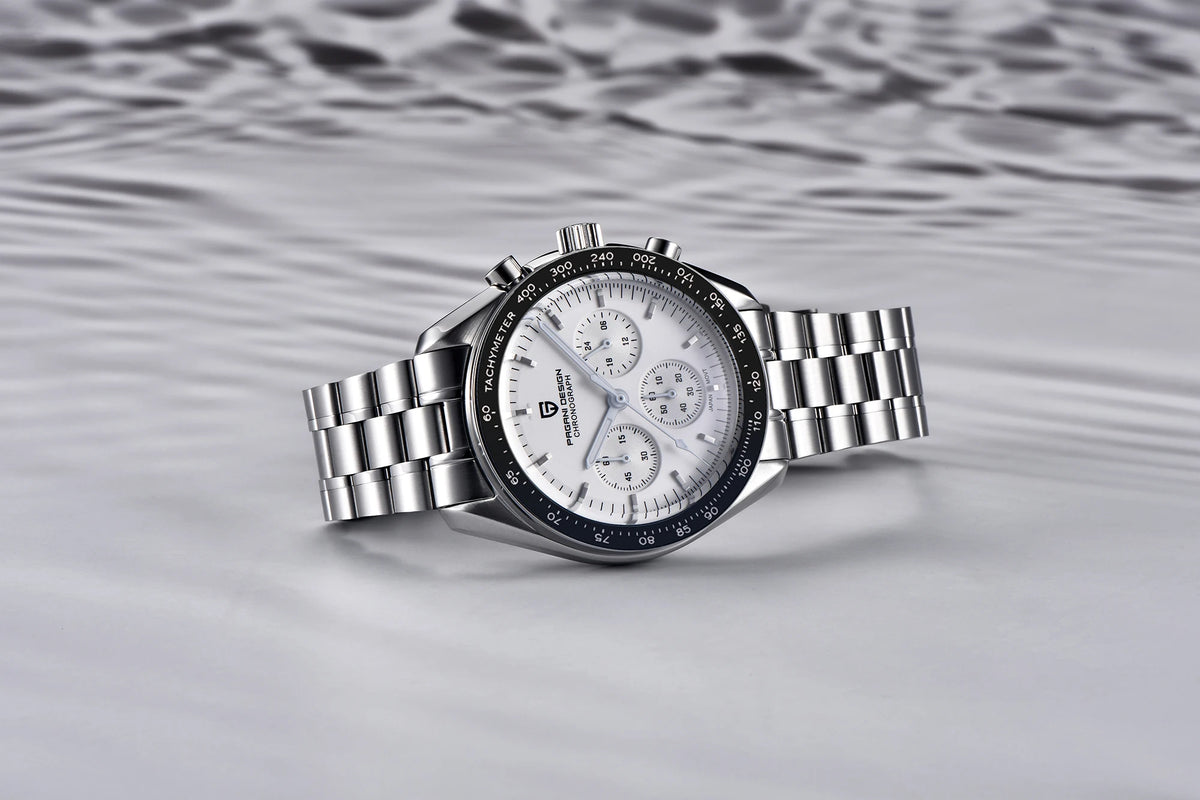 Zegarek męski PAGANI DESIGN „New Moon” – luksusowy zegarek kwarcowy, chronograf, szkło szafirowe z powłoką antyrefleksyjną, ceramiczna ramka, świecące wskazówki