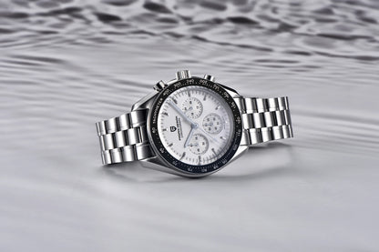 Zegarek męski PAGANI DESIGN „New Moon” – luksusowy zegarek kwarcowy, chronograf, szkło szafirowe z powłoką antyrefleksyjną, ceramiczna ramka, świecące wskazówki