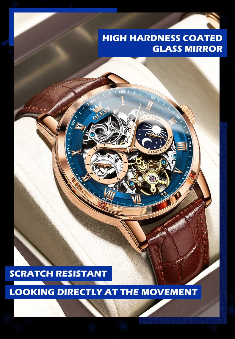 OLEVS Top Brand Men's Skeleton Mechanical Watch Waterproof Leather Strap Men Moon Phase Automatic Tourbillon Wristwatch for Men