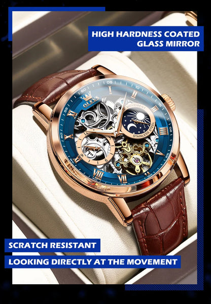 OLEVS Top Brand Men's Skeleton Mechanical Watch Waterproof Leather Strap Men Moon Phase Automatic Tourbillon Wristwatch for Men