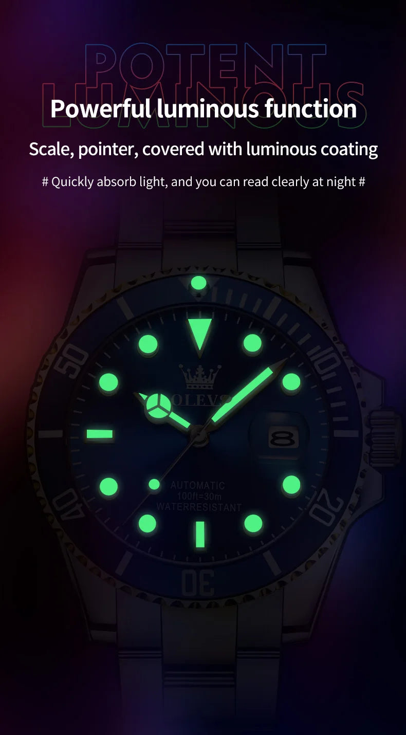 Montre pour homme OLEVS 6650 : montre mécanique automatique classique d'origine pour homme, cadran en zircon, étanche, luminescente, en acier inoxydable