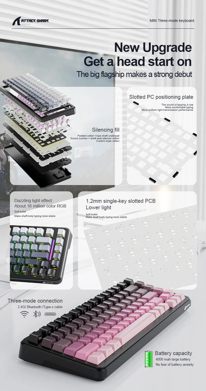 ATTACK SHARK M86 Wireless Mechanical Keyboard 75% Tri-Mode RGB Hot-Swappable Mechanical Keyboard with Side-Printed PBT Keycaps & 4000mAh Battery