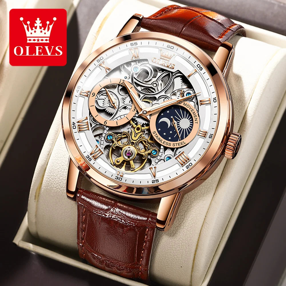 OLEVS Top Brand Men's Skeleton Mechanical Watch Waterproof Leather Strap Men Moon Phase Automatic Tourbillon Wristwatch for Men