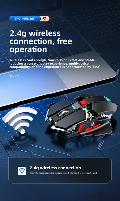 SC300 Wireless Mechanical Gaming Mouse, Rechargeable RGB Gaming Mouse with Adjustable DPI, Silent Ergonomic Wireless Mouse for PC, Laptop & Tablet