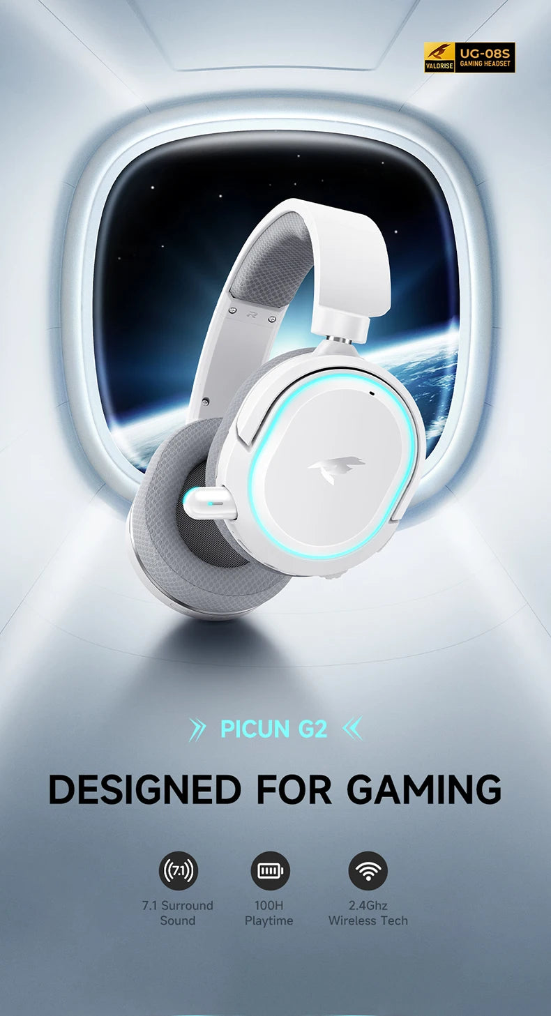 Picun G2 Wireless Gaming Headset Bluetooth 5.3 – 7.1 Surround Sound, 5ms Low Latency Gaming Headphones with ENC Microphone for PC, PS5, PS4, Switch & Mobile