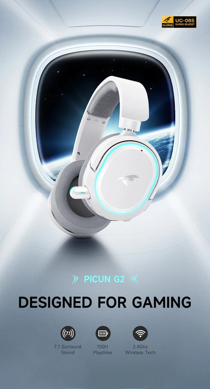 Picun G2 Wireless Gaming Headset Bluetooth 5.3 – 7.1 Surround Sound, 5ms Low Latency Gaming Headphones with ENC Microphone for PC, PS5, PS4, Switch & Mobile