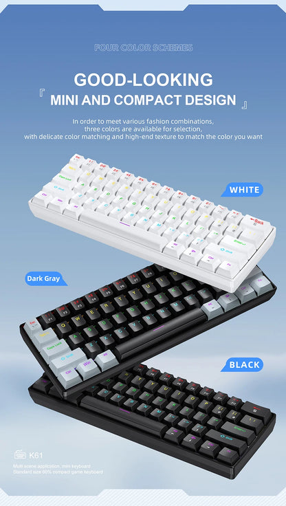 APAYADO K61 Mini Mechanical Keyboard 61-Key Wired Gaming Keyboard with Hot-Swappable Red/Blue Switches, RGB Backlit 60% Compact Mechanical Keyboard