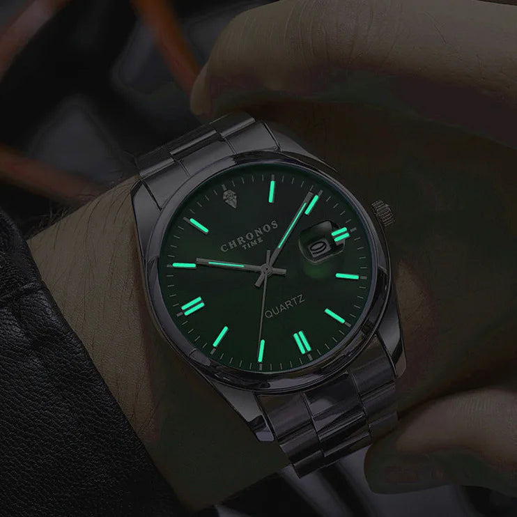 Męski zegarek na rękę CHRONOS – luksusowa marka, wodoodporny, podświetlany, z datownikiem, ze stali nierdzewnej, z mechanizmem kwarcowym.