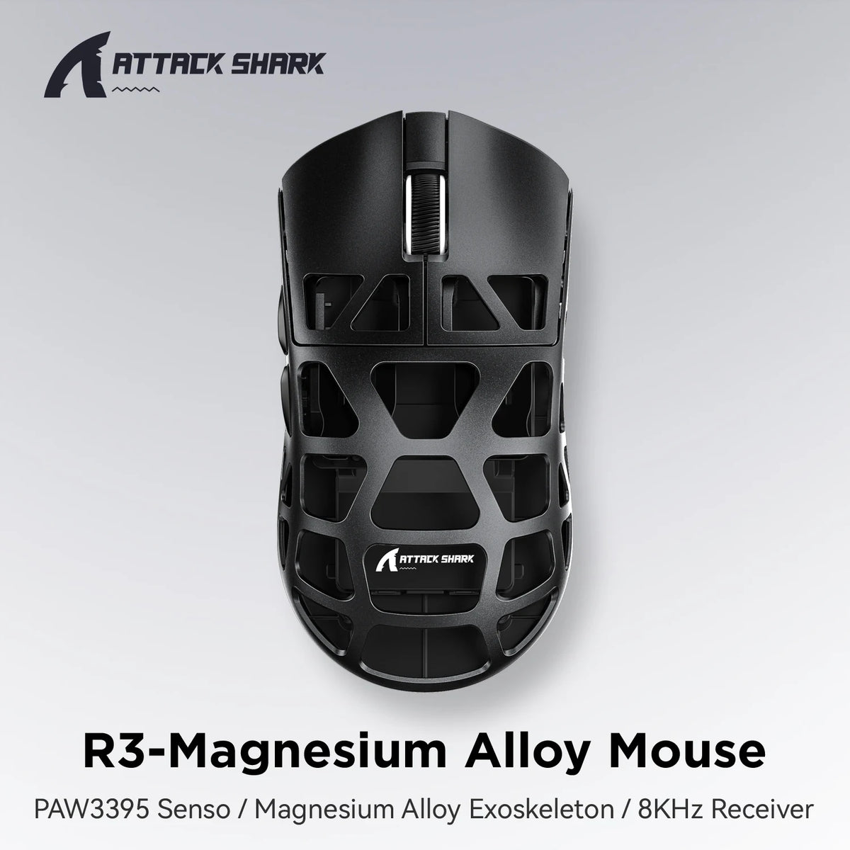 ATTACK SHARK R3 8KHz -magnesiumseoshiiri, PixArt PAW3395 -sensori, jopa 26000 DPI, 2.4G/BT/langallinen, 46g erittäin kevyt, PC/Mac-käyttöön