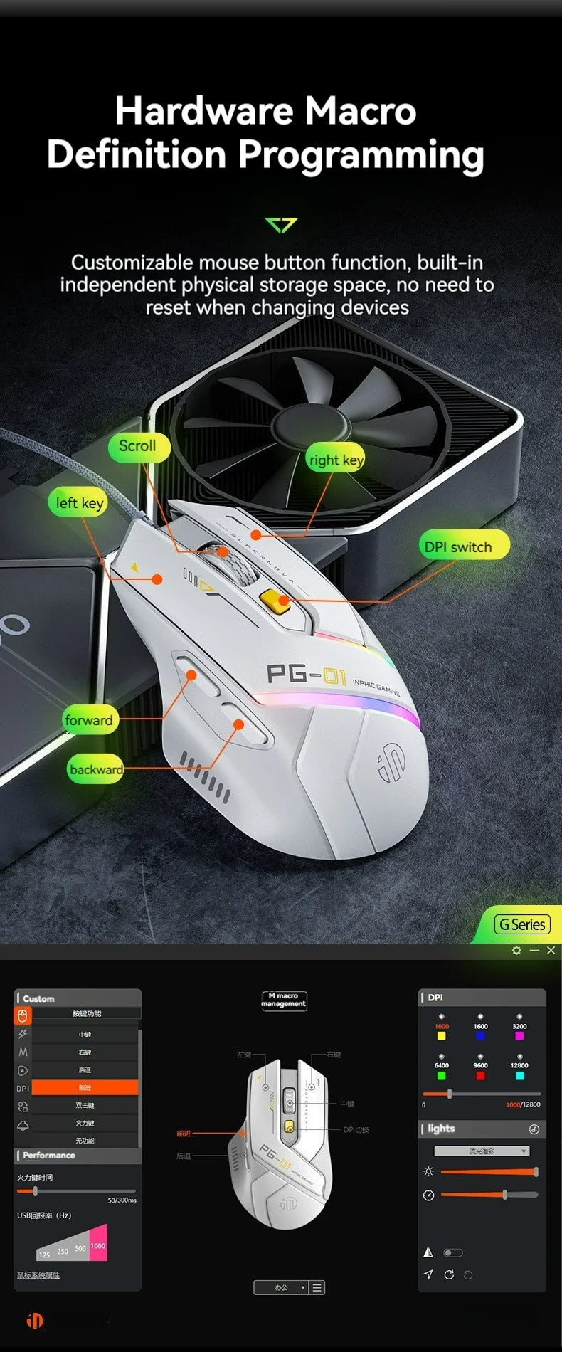 Inphic PG1 Wired Gaming Mouse RGB 12800 DPI Programmable Gaming Mouse with 6 Macro Buttons, 1000Hz Polling Rate USB Computer Mouse