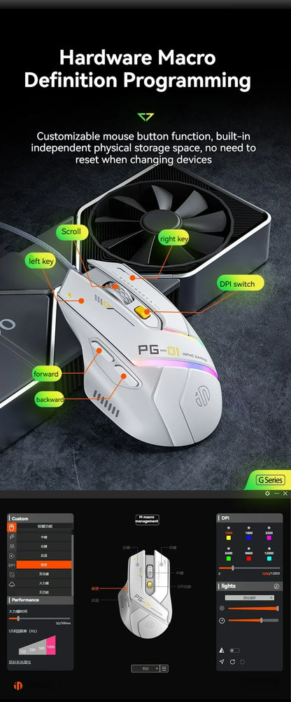Inphic PG1 Wired Gaming Mouse RGB 12800 DPI Programmable Gaming Mouse with 6 Macro Buttons, 1000Hz Polling Rate USB Computer Mouse