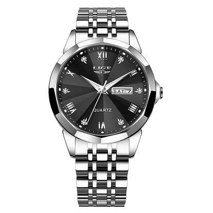 Relógio de pulso de quartzo para mulher LIGE – Elegante e luxuoso, com indicação da data e do dia da semana – Relógio simples e à prova de água, ideal como presente para mulher