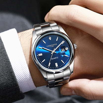 Męski zegarek na rękę CHRONOS – luksusowa marka, wodoodporny, podświetlany, z datownikiem, ze stali nierdzewnej, z mechanizmem kwarcowym.