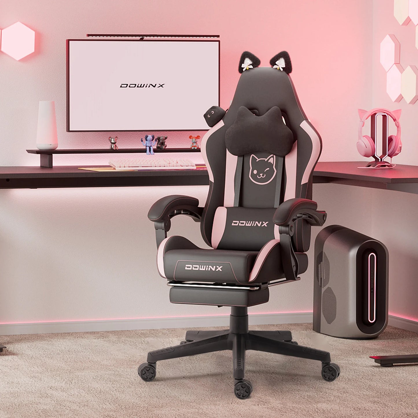 Uroczy fotel gamingowy z kocimi uszami i podnóżkiem, różowy fotel komputerowy kawaii, ergonomiczne siedzisko dla gracza z wysokim oparciem i podparciem lędźwiowym w kształcie kociej łapki