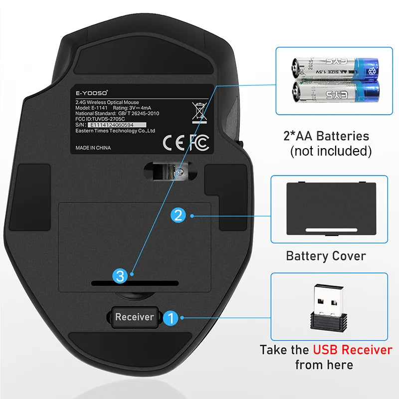 E-YOOSO 2.4G Wireless Ergonomic Mouse, 4800 DPI Optical Wireless Mouse with USB Receiver, Portable Computer Mouse for PC, Laptop & Office
