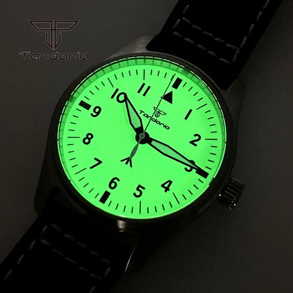 Tandorio Full Luminous Dial 39mm Men's Mechanical Pilot Watch Automatic Miyota 8215 PT5000 Steel Wristwatch AR Sapphire Crystal