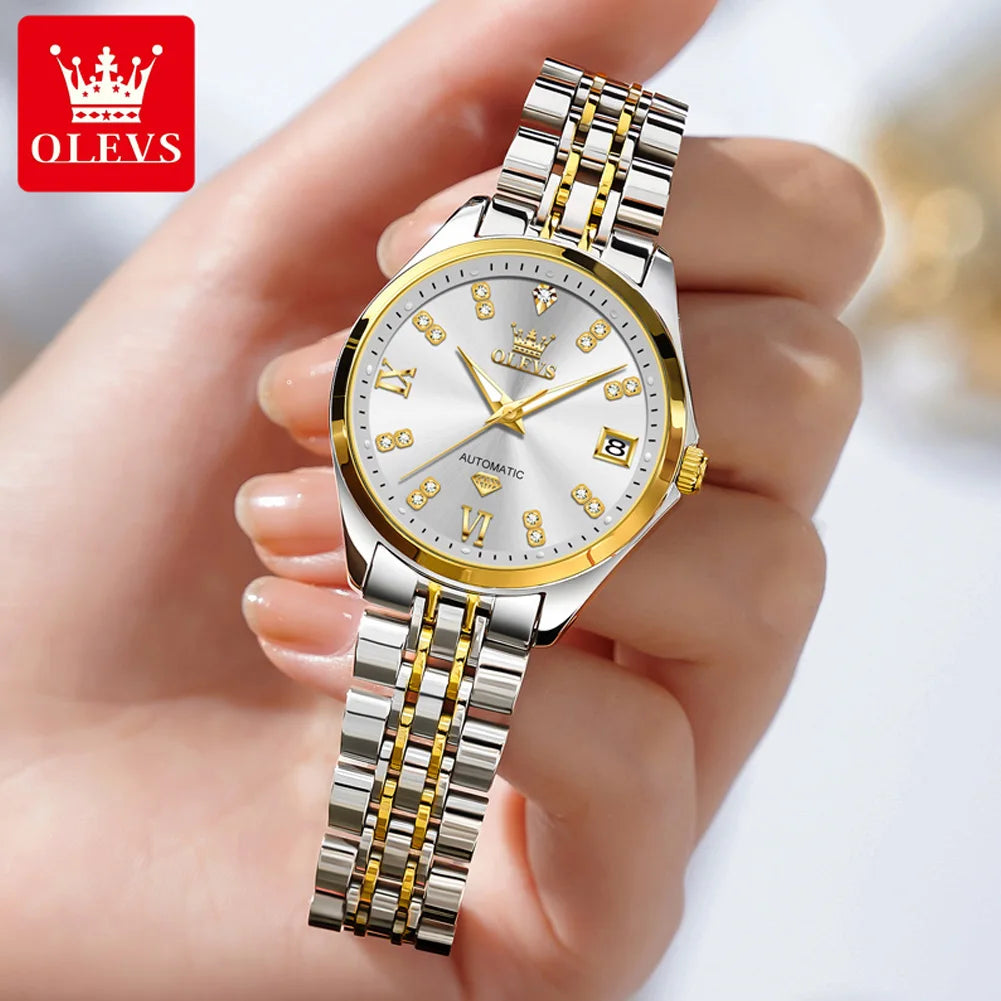 OLEVS 9801 Womens Watch Luxury Fashion Waterproof  Automatic Mechanical Watch Stainless Steel Diamond Date Ladies Watch Set