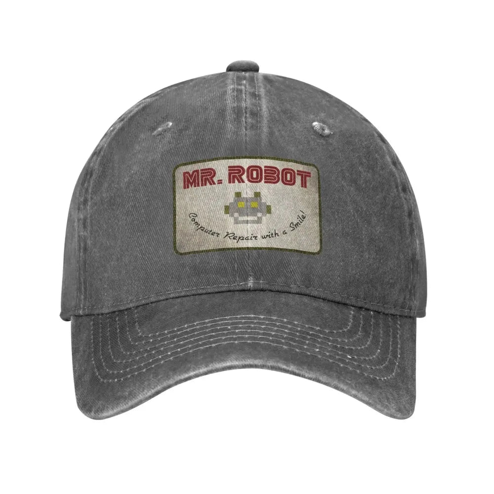 Computer with Sourires Anime Funny Mr Robot Custom Retro Cowboy Washed Baseball Caps for Men Denim Sun Hat Hip Hop Cap