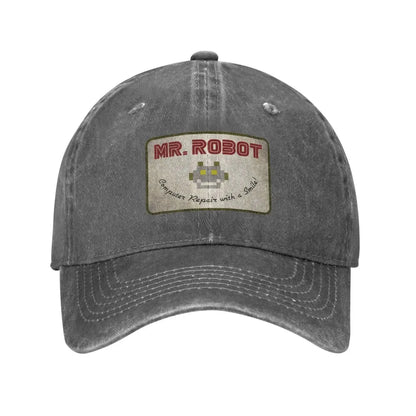 Computer with Sourires Anime Funny Mr Robot Custom Retro Cowboy Washed Baseball Caps for Men Denim Sun Hat Hip Hop Cap
