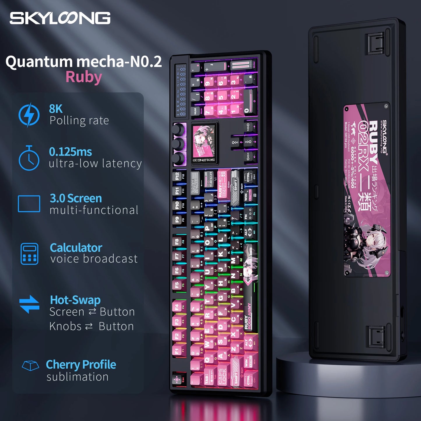 SKYLOONG GK104 Pro Wireless Mechanical Keyboard, 104-Key Custom Hot-Swappable RGB Gaming Keyboard with LCD Screen, Triple Mode Bluetooth/2.4G/USB-C Mechanical Keyboard