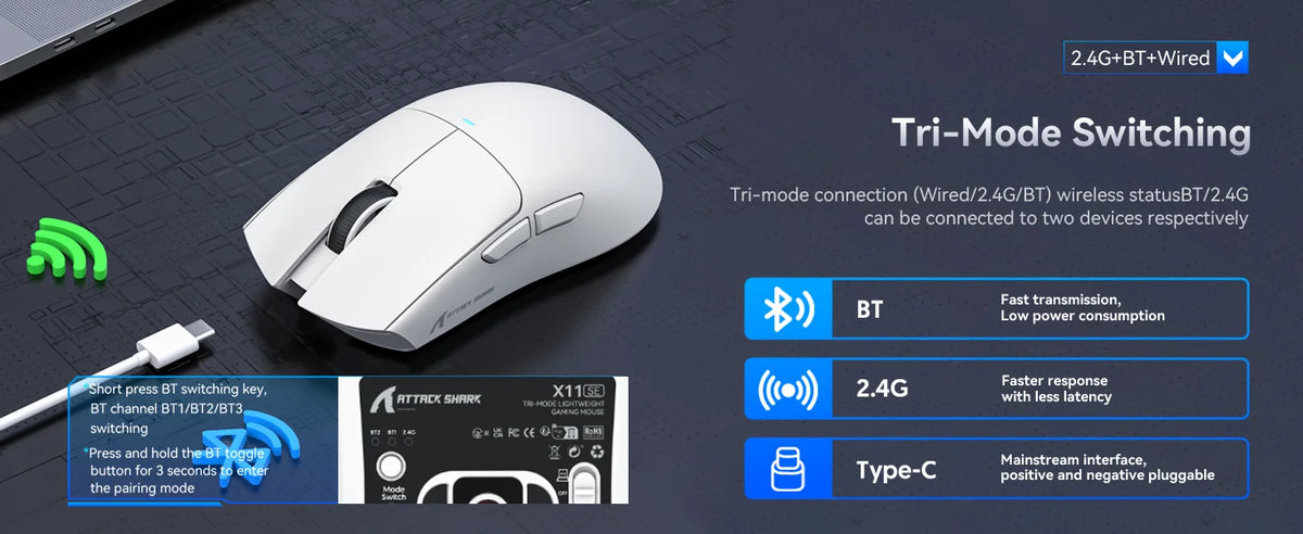 ATTACK SHARK X11SE Wireless Gaming Mouse Tri-Mode, 63g Superlight Gaming Mouse with PAW3311 Sensor, 22000 DPI, Bluetooth & 2.4GHz RGB Gaming Mouse