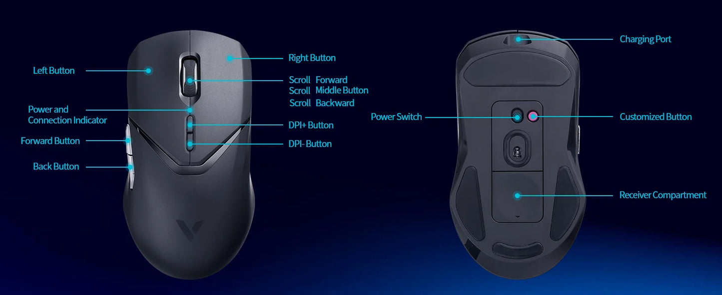 Rapoo VT9PRO Wireless Gaming Mouse PAW3398 26000 DPI Lightweight Programmable Ergonomic Gaming Mouse with Type-C Rechargeable Dual Mode