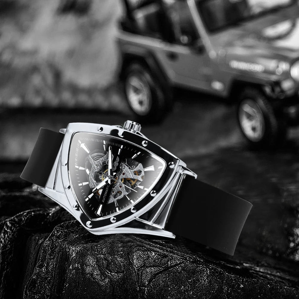 Pánské automatické hodinky WINNER, design s trojúhelníkovým skeletem, luminiscenční ručičky, kaučukový řemínek, vojenský styl, luxusní mechanické hodinky