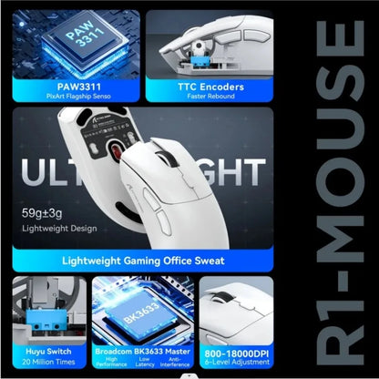 Attack Shark R1 Wireless Gaming Mouse, Tri-Mode Bluetooth Gaming Mouse with PAW3311 Sensor, 18000 DPI, 1000Hz Polling Rate, Rechargeable Ergonomic Gaming Mouse