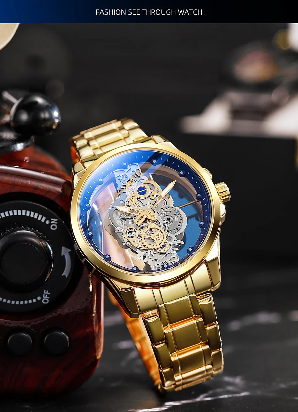 TPW Hot Trendy Fashion Wholesale Men Golden Black Blue Skeleton NOT Automatic Watch Quartz Wrist Watches Luxury 2024