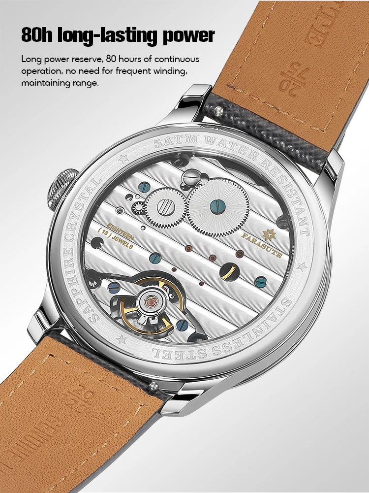 FARASUTE NEW Machinery Herrenuhr mit lachsfarbenem Zifferblatt, ST17 Handaufzug-Mechanikuhr, Kleine Sekunde, Vintage-Bonklip-Armband