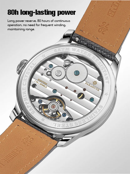 FARASUTE NEW Machinery Herrenuhr mit lachsfarbenem Zifferblatt, ST17 Handaufzug-Mechanikuhr, Kleine Sekunde, Vintage-Bonklip-Armband