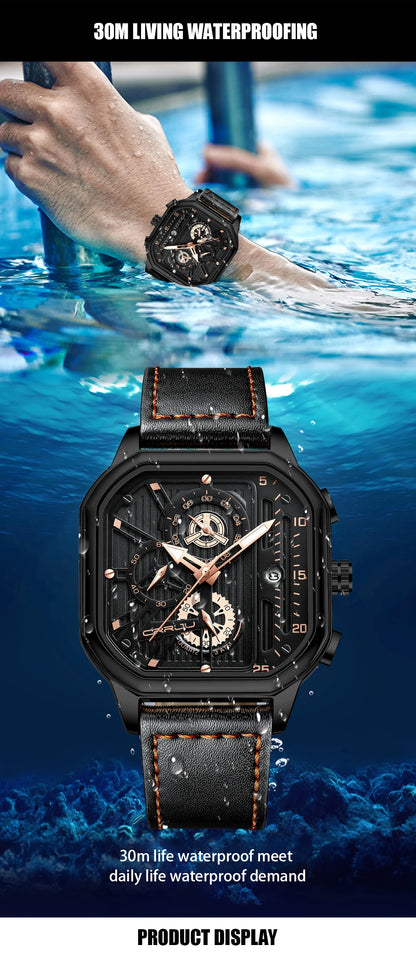 CRRJU Fashion Square Dial Leather Mens Watches Luxury Sport Waterproof Watch Man Chronograph Quartz WristWatches Homme+Box