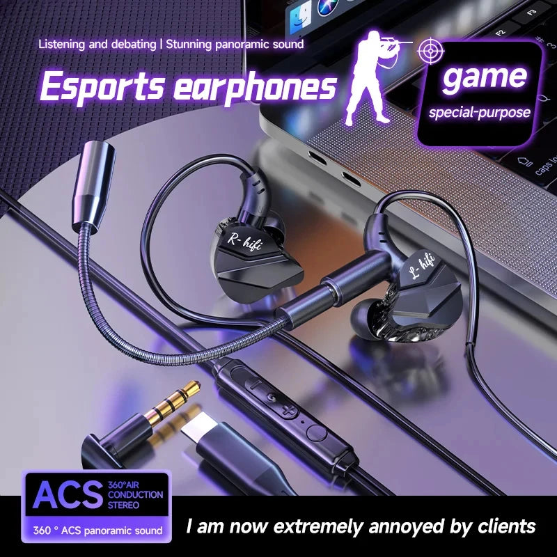 Gaming Earbuds with Dual Microphones, HiFi Stereo Gaming Headset Type-C & 3.5mm Wired In-Ear Earphones, Noise Reduction Gamer Headphones with Mic for Samsung