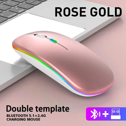 Rechargeable Bluetooth Wireless Mouse with 2.4GHz Dual Mode, RGB Ergonomic Silent Click Mouse for Laptop, PC, Mac, iPad & Android