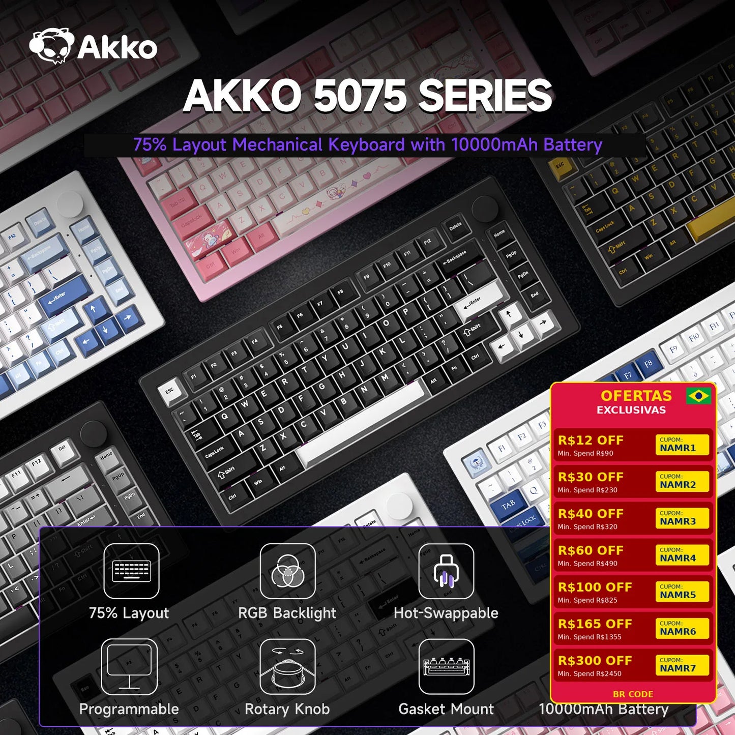Akko 5075 V3 75% Mechanical Keyboard 8000/10000mAh 2.4GHz Wireless/ Wired Type-C/BT 5.0 Hot Swap RGB Gasket for Gaming Typing