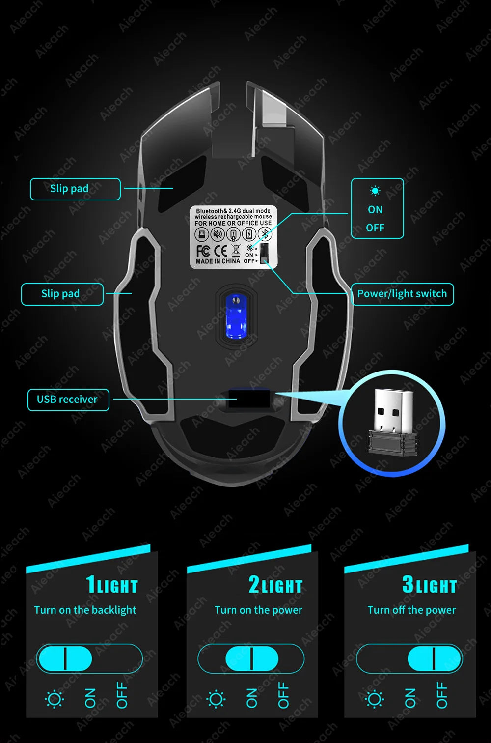 Rechargeable Wireless Gaming Mouse Bluetooth Silent Computer Mouse with RGB Backlight, USB Dual Mode, 6 Buttons, Adjustable DPI for PC, Laptop & Gaming