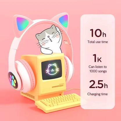 Cute Cat Ear Bluetooth Wireless Headphones with LED Lights – Kids Foldable Stereo Headset with Microphone, Bluetooth 5.0 Gaming & Music Headphones