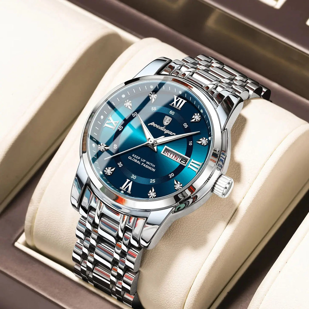 Trendy, luxury POEDAGAR men’s wristwatch, water-resistant, made of stainless steel, with luminous hands, date display and quartz movement.
