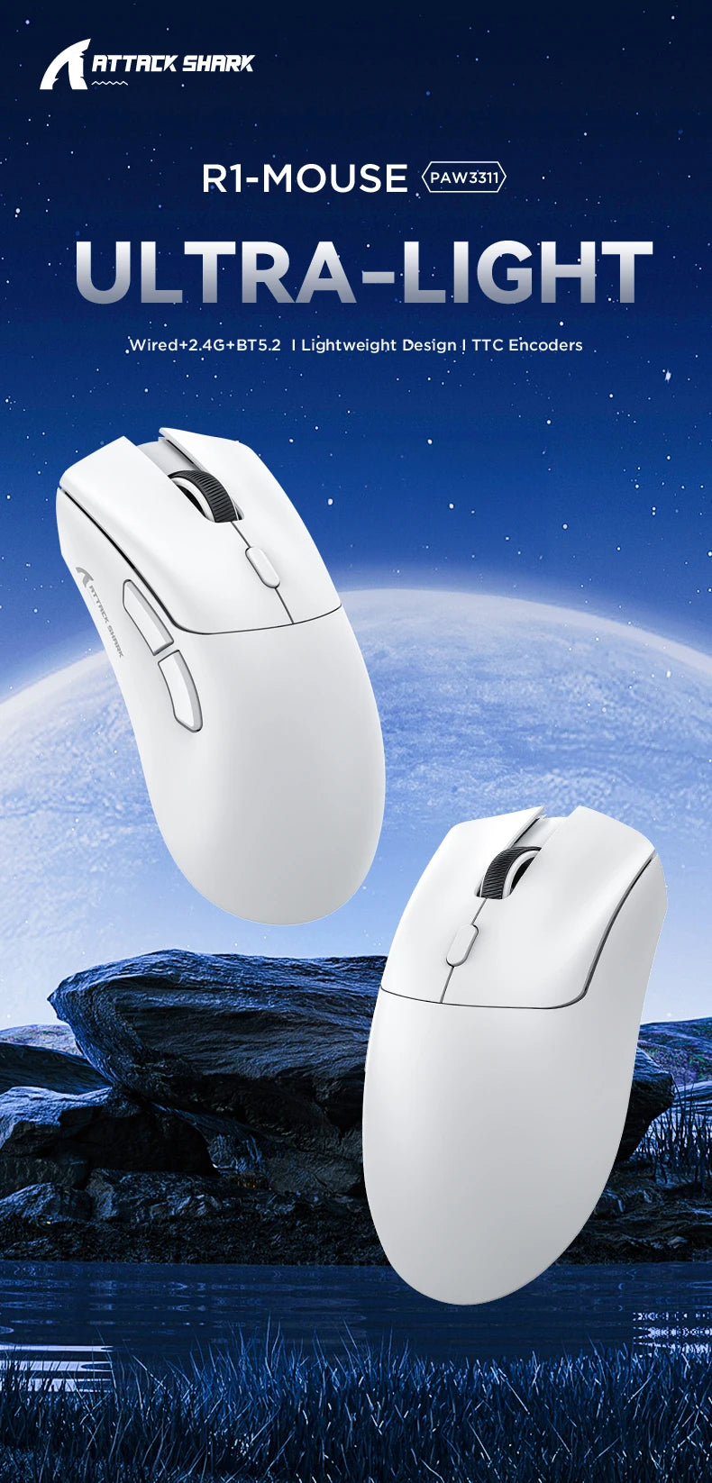 Attack Shark R1 Ασύρματο Ποντίκι Bluetooth Gaming, Viral Ποντίκι με Κριτικές από Influencers, Αισθητήρας PAW3311, Ρυθμός Απόκρισης 1000Hz
