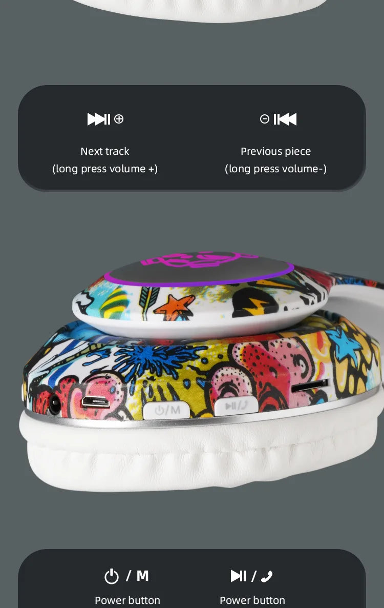 Auriculares gaming Bluetooth inalámbricos New Graffiti LX-8686 con micrófono, luz LED, compatibilidad con tarjeta TF, graves profundos y diseño circumaural para PC, gaming y niños