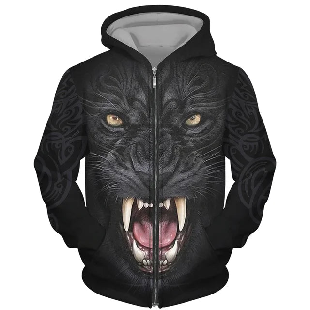 Sweat à capuz com fecho e estampado 3D de lobo, estilo streetwear, para homem/mulher, casaco com capuz unissexo casual hip-hop