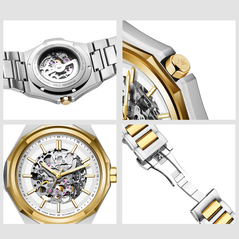 Shanghai Watch Dual Skeletonized Automatic Mechanical Watches 41mm Luminous Sapphire Men's Wristwatch 316L Stainless Steel S8008