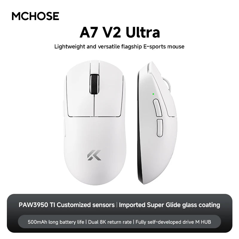 MCHOSE A7 V2 Wireless Gaming Mouse, Tri-Mode Bluetooth 8K Lightweight Esports Mouse with PAW3950 Sensor, 42000 DPI Ergonomic Gaming Mouse