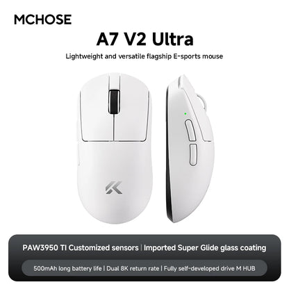 MCHOSE A7 V2 Wireless Gaming Mouse, Tri-Mode Bluetooth 8K Lightweight Esports Mouse with PAW3950 Sensor, 42000 DPI Ergonomic Gaming Mouse